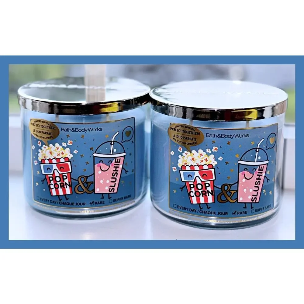 Rare Lot of 2 Bath & Body Works Popcorn & Slushie Large 3-Wick Candle 14.5oz